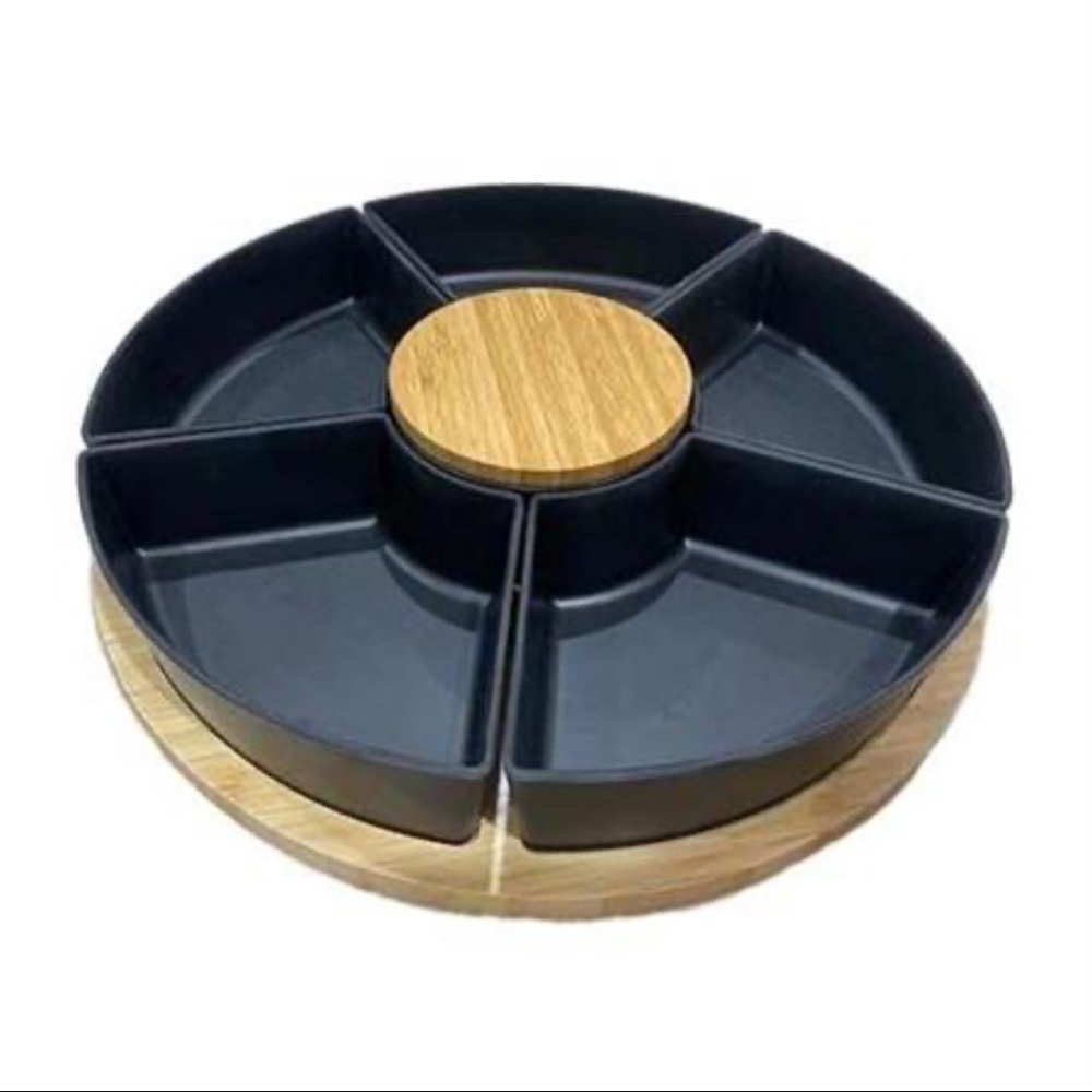 NWT Divided Serving Dishes Black with Wooden Base and Lid,Serving Bowls,tray
